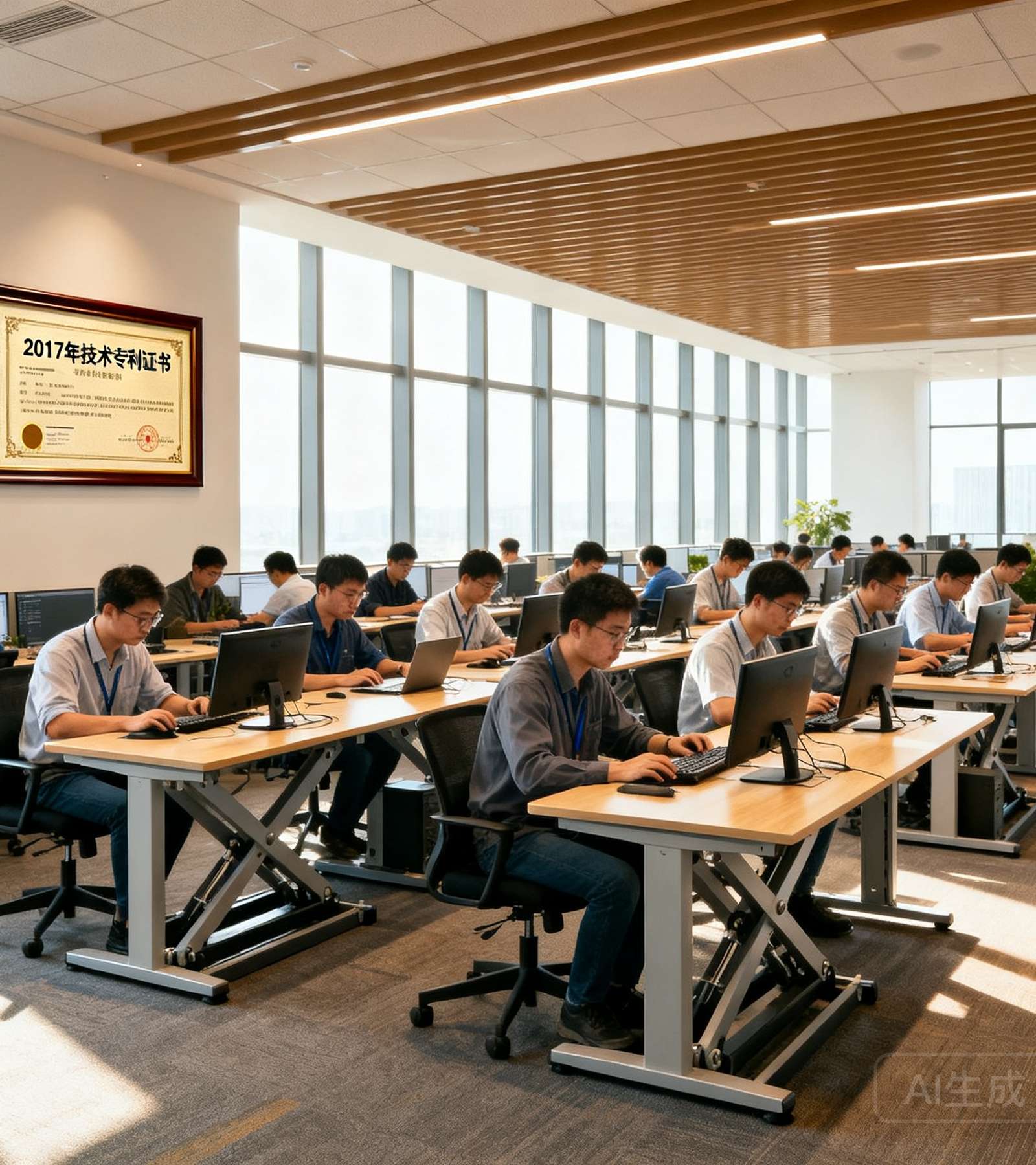 WM视讯深圳总部宽敞的开放式办公区，约六十位工程师在排列整齐的升降桌前专注工作，墙面悬挂着公司自2017年以来的技术专利证书框架，自然光从落地窗洒入。