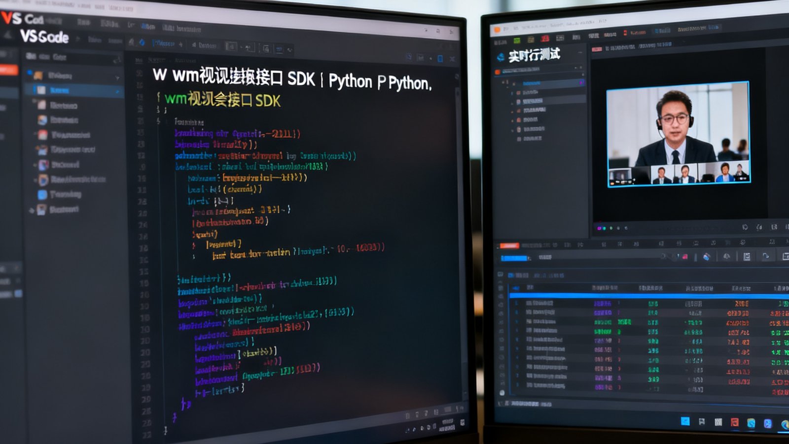 双显示器工作台上，左侧屏幕显示VS Code中wm视讯接口SDK的Python代码，右侧屏幕显示视频会议集成测试的实时运行结果，画面中嵌入了会议窗口。