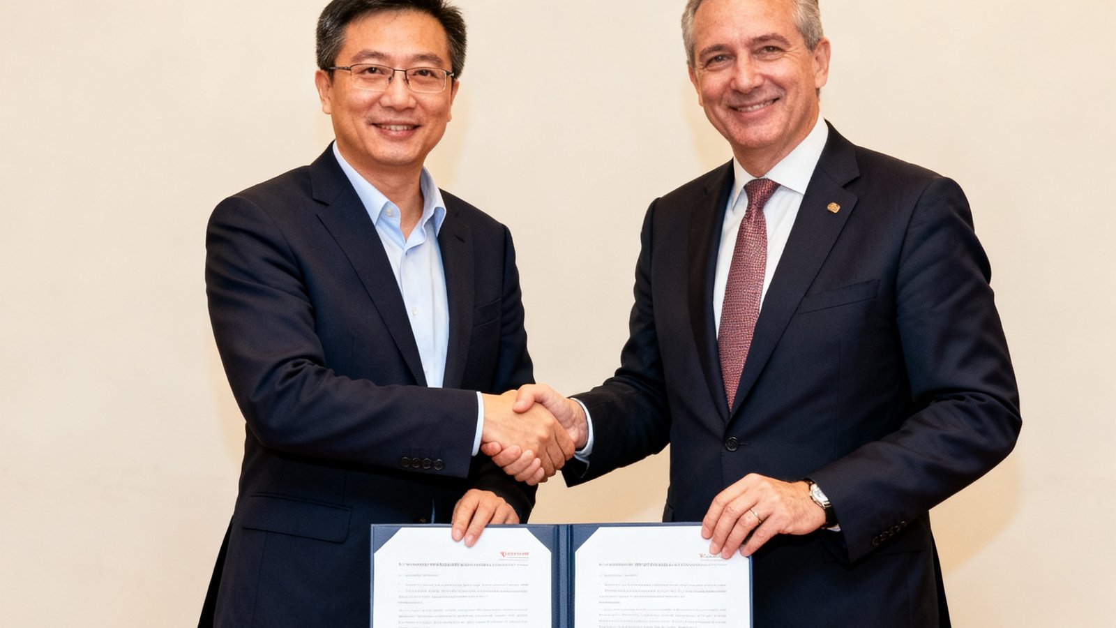 明亮的签约仪式现场，WM视讯CEO陈明远与新加坡电信企业业务总裁握手合影，两人面前摆放着签署完毕的合作协议文件，背景是两家公司的标志。