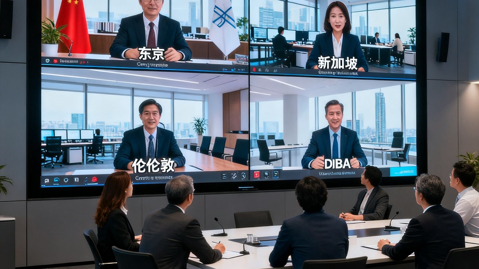 现代化企业视频会议指挥中心，巨幅高清屏幕墙上同时显示着来自东京、新加坡、伦敦、迪拜四地办公室的实时4K画面，与会者神态专注，光线柔和而专业。