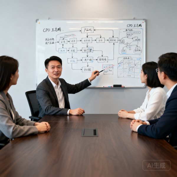 CPO王志鹏坐在简约的会议室中，对面是三位企业客户代表，白板上画满了产品功能流程图和用户旅程地图，他正用笔指着其中一处细节进行讲解。